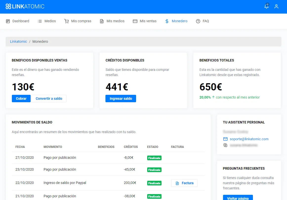 Movimientos de saldo en Linkatomic