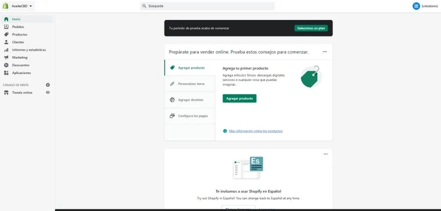 Panel de control en Shopify